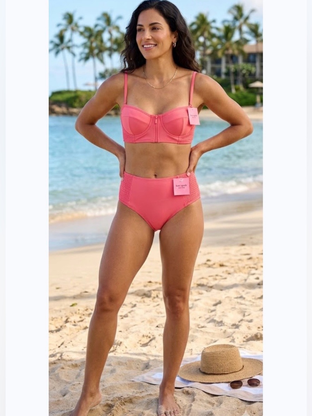 Kate Spade NY Underwire Zip/Smocked Top Bottom Swimsuit Pink Cloud, NWT